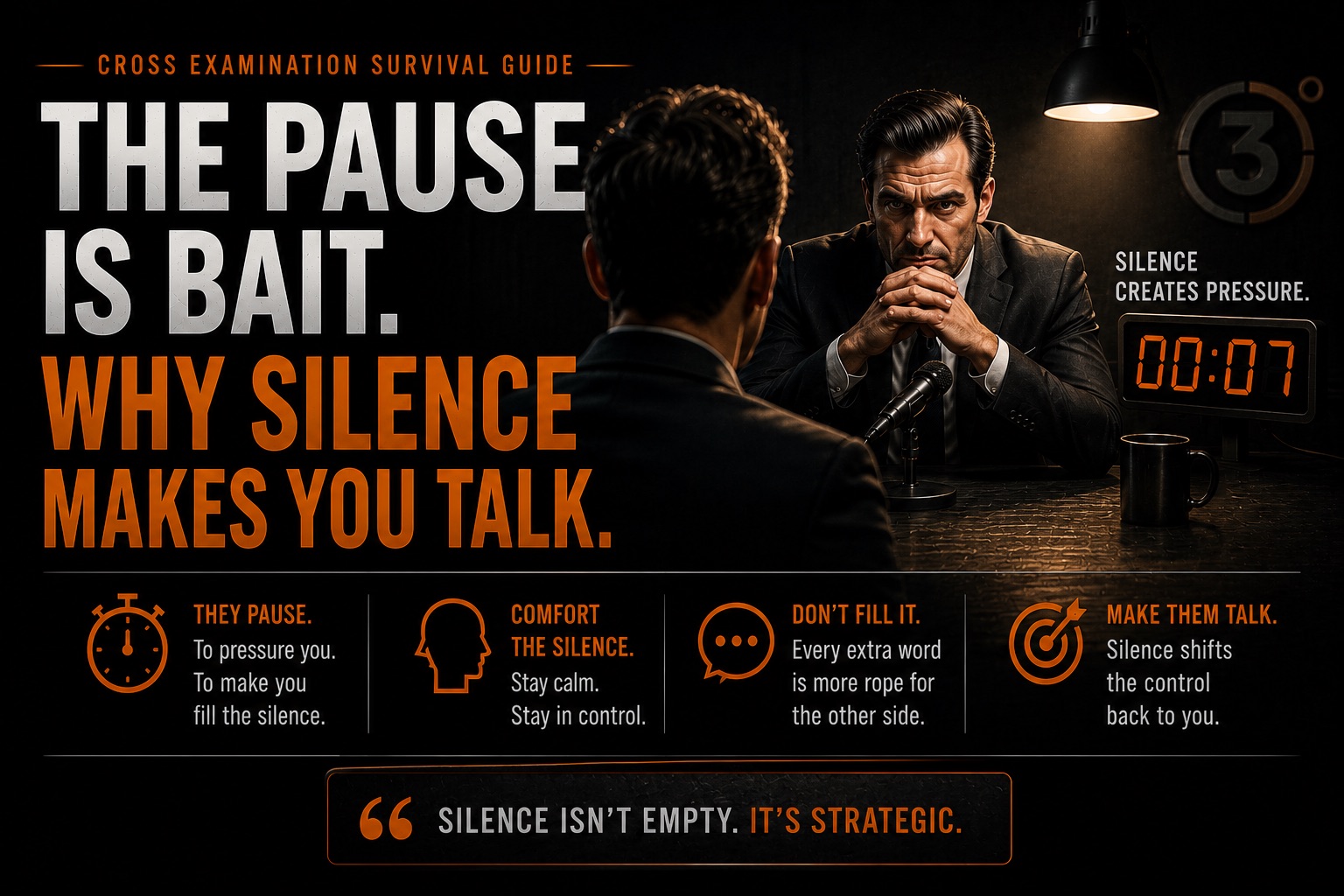 An empty interrogation room with a bare hanging bulb