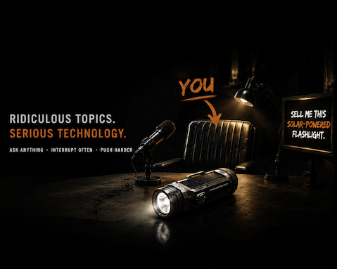 A dark studio: an empty leather hot seat with an orange arrow labeled 'you', a microphone, and a solar-powered flashlight beside a sign that reads 'Sell me this solar-powered flashlight.' Caption: Ridiculous topics. Serious technology. Ask anything. Interrupt often. Push harder.