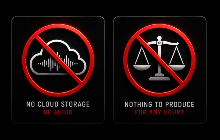 Two crossed-out icons: no cloud storage of audio, and nothing to produce for any court