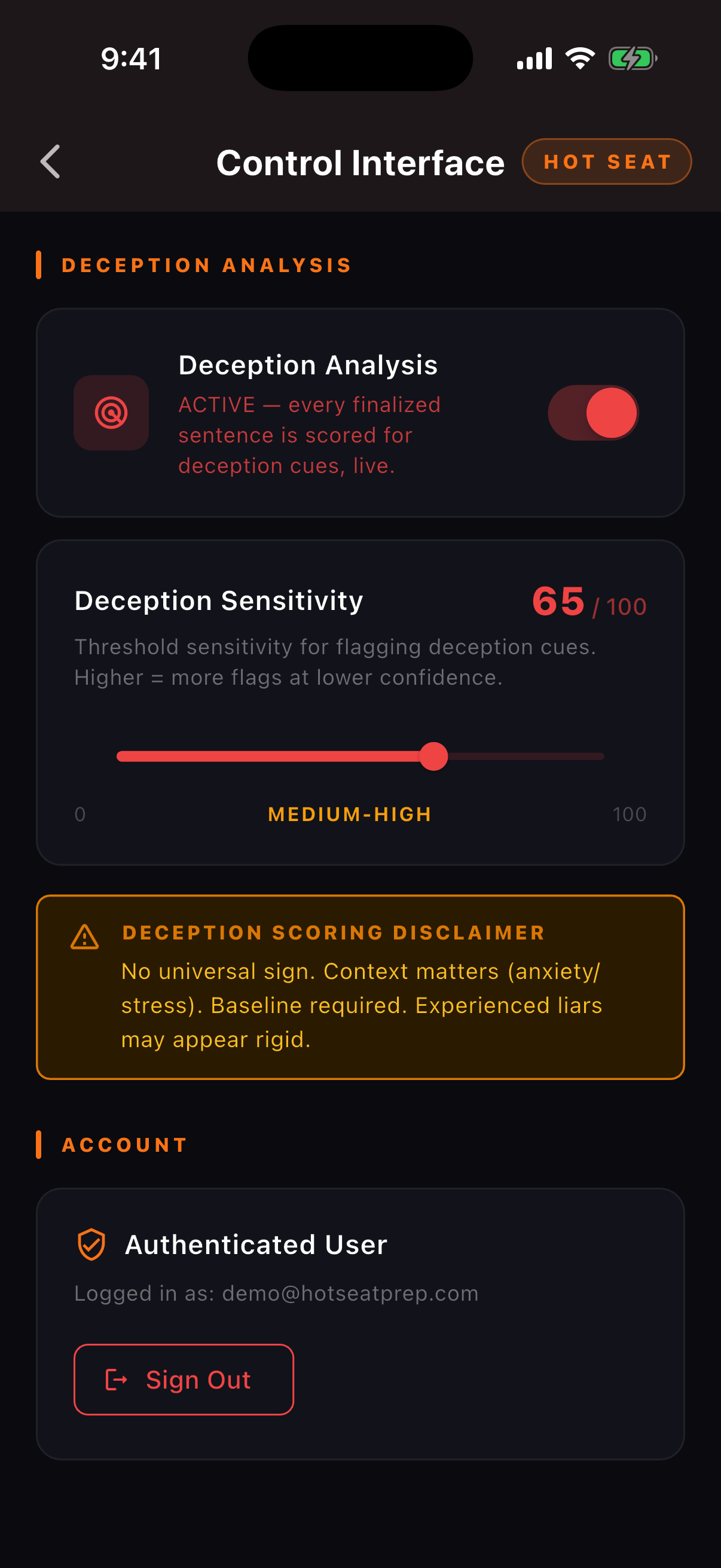 Third Degree deception analysis settings: consent toggle active, sensitivity slider, and the deception scoring disclaimer