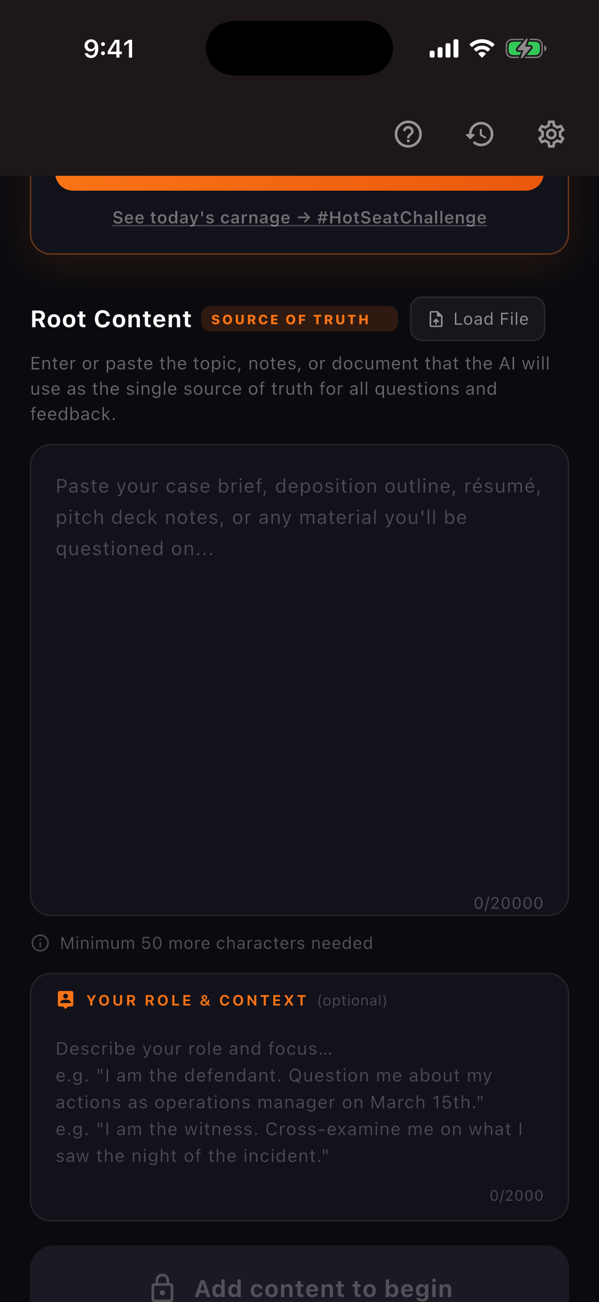 Third Degree Root Content screen: paste your case brief or upload a file — the AI's single source of truth — plus your role and context