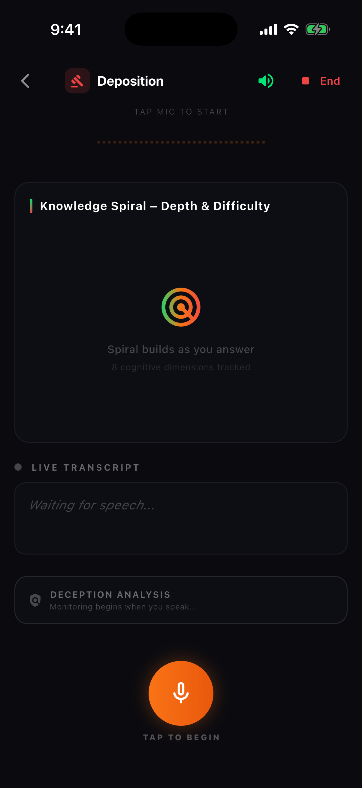Live Third Degree deposition session: Knowledge Spiral, live captions and deception analysis monitoring