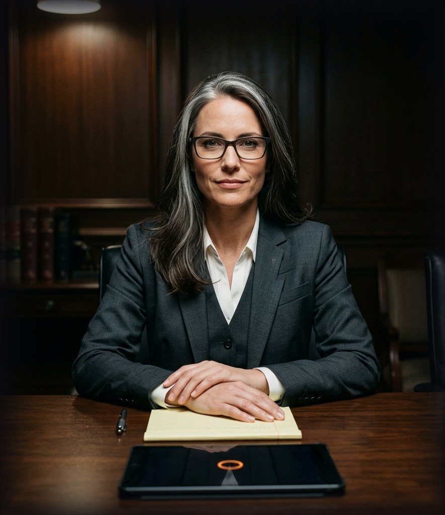An attorney preparing in a law library, Third Degree open on her phone